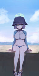 Rule 34 | 1girl, absurdres, arm support, bare legs, bikini, blue archive, blue bikini, blush, breasts, bucket hat, halo, hat, highres, kuahri, large breasts, long sleeves, looking at viewer, navel, official alternate costume, outdoors, purple hair, raglan sleeves, rash guard, saki (blue archive), saki (swimsuit) (blue archive), sitting, solo, stomach, swimsuit, toes