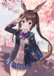 Rule 34 | 1girl, alternate costume, amiya (arknights), animal ears, arknights, arm up, bag, blazer, blue bow, blue bowtie, blue eyes, blue jacket, blue skirt, blush, bow, bowtie, brown hair, cherry blossoms, commentary request, cowboy shot, hair between eyes, highres, jacket, long hair, long sleeves, looking at viewer, mayo (miyusa), miniskirt, partial commentary, petals, plaid, plaid skirt, pleated skirt, ponytail, rabbit ears, railing, school bag, school uniform, skirt, smile, solo, standing, thighs, v, very long hair