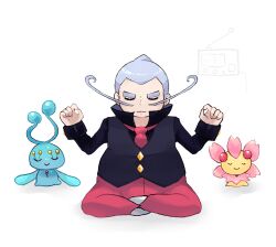 Rule 34 | 1boy, black shirt, buttons, cherrim, cherrim (sunshine), closed eyes, closed mouth, commentary request, creatures (company), facial hair, game freak, gen 4 pokemon, grey hair, hands up, highres, legendary pokemon, long mustache, long sleeves, male focus, manaphy, mixed-language commentary, mustache, mysterial (pokemon), mythical pokemon, nintendo, no coat, pants, pink pants, pokemon, pokemon (creature), pokemon battle revolution, popped collar, ragou2niko, shirt, short hair, sitting, socks, white background