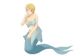 Rule 34 | 1girl, bare shoulders, blonde hair, blue tail, bmp-to-png conversion, brown eyes, closed mouth, expressionless, full body, game cg, hand on own chin, ishinoyari, mermaid, mon-musu quest!, monster girl, navel, non-web source, scales, short hair, simple background, solo, torn clothes, transparent background