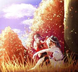 Rule 34 | 2girls, arm on knee, autumn leaves, black hair, blue sky, blush, bowl, bowl hat, breasts, cloud, commentary, cone horns, day, dress, floating, furisode, grass, grey horns, hat, head tilt, highres, horns, japanese clothes, kijin seija, kimono, knees up, lens flare, long sleeves, looking at viewer, md5 mismatch, medium breasts, multicolored hair, multiple girls, obi, outdoors, outstretched arm, parted lips, purple hair, red eyes, red kimono, resolution mismatch, sash, shmmr shanda, short hair, sitting, sky, smile, source larger, streaked hair, sukuna shinmyoumaru, symbol-only commentary, touhou, tree, white dress, wide sleeves