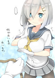 Rule 34 | ..., 10s, 1boy, 1girl, 3:, absurdres, admiral (kancolle), blue eyes, breasts, commentary request, gloves, hair ornament, hairpin, hamakaze (kancolle), highres, holding, kantai collection, large breasts, pantyhose, pleated skirt, rope, ryuki (ryukisukune), school uniform, serafuku, short hair, silver hair, skirt, translation request, white gloves