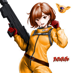 Rule 34 | 1girl, baraduke, belt, bodysuit, breasts, brown belt, brown eyes, brown hair, bullpup, commentary request, copyright name, cowboy shot, gloves, gun, highres, holding, holding gun, holding weapon, long sleeves, medium breasts, minamoto80486, orange bodysuit, partial commentary, polygonal suppressor, red gloves, short hair, simple background, solo, spacesuit, standing, suppressor, swept bangs, toby masuyo, trigger discipline, weapon, white background, zipper