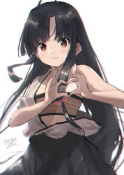 Rule 34 | 1girl, ahoge, bandeau, black hair, black hakama, blush, brown eyes, closed mouth, dated, hakama, heart, heart hands, highres, japanese clothes, kantai collection, long hair, shouhou (kancolle), signature, simple background, smile, solo, toka (marchlizard), very long hair, white background