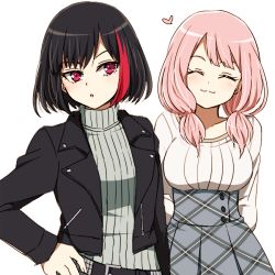 Rule 34 | 2girls, akasata, bang dream!, belt, black hair, black jacket, blush, bob cut, breasts, closed eyes, grey sweater, heart, jacket, large breasts, leather, leather jacket, long sleeves, low twintails, lowres, medium breasts, mitake ran, multicolored hair, multiple girls, parted lips, pink hair, red eyes, red hair, ribbed sweater, short hair, simple background, skirt, smile, streaked hair, studded belt, sweater, turtleneck, turtleneck sweater, twintails, uehara himari, white background
