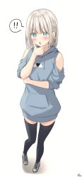 Rule 34 | !, !!, 1girl, :o, bad id, bad pixiv id, bare shoulders, black thighhighs, blue eyes, blue footwear, blue hoodie, blush, braid, clothing cutout, commentary request, drawstring, full body, grey hair, hand on own chin, highres, hood, hood down, hoodie, looking at viewer, open mouth, original, puffy short sleeves, puffy sleeves, ramchi, shadow, shoes, short sleeves, shoulder cutout, signature, silver hair-chan (ramchi), solo, standing, thighhighs, v-shaped eyebrows, white background