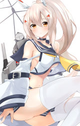 Rule 34 | 1girl, absurdres, armpit crease, ascot, ayanami (azur lane), azur lane, black choker, blush, breasts, choker, clothes between thighs, commentary, detached sleeves, hair between eyes, hair ornament, headpiece, highres, long hair, looking at viewer, medium breasts, midriff, navel, orange eyes, parted lips, ponytail, rigging, sailor collar, sideboob, silver hair, simple background, sitting, skindentation, solo, sono mata, thighhighs, thighs, turret, white background, white thighhighs, wide sleeves, yellow ascot
