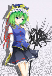 Rule 34 | 1girl, bad id, bad pixiv id, blue eyes, blush, cover-d, female focus, flower, green hair, grey background, hat, ribbon, rod of remorse, shiki eiki, short hair, solo, spider lily, standing, touhou