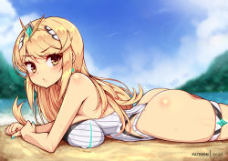 Rule 34 | :o, ass, blonde hair, blush, breast press, breasts, covered erect nipples, cowboy shot, earrings, gem, hair ornament, headpiece, jewelry, large breasts, long hair, looking at viewer, lying, mythra (radiant beach) (xenoblade), mythra (xenoblade), nintendo, on stomach, outdoors, sideboob, skindentation, swimsuit, tiara, virus-g, xenoblade chronicles (series), xenoblade chronicles 2, yellow eyes