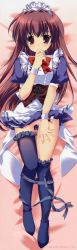 Rule 34 | 1girl, absurdres, black thighhighs, brown eyes, brown hair, copyright request, dakimakura (medium), frilled thighhighs, frills, full body, highres, huge filesize, long image, lying, maid, maid headdress, mikeou, panties, pink panties, ribbon, solo, tall image, thighhighs, thighhighs pull, underwear