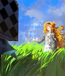 Rule 34 | 2girls, absurdres, ashufu, blue sky, braid, checkered hairband, chinese commentary, closed mouth, cloud, commentary request, day, dress, floating hair, glass pen, gloves, grass, green eyes, grey sleeves, high collar, highres, holding, holding wand, italian text, long hair, long sleeves, magic, multiple girls, orange hair, outdoors, reverse:1999, side braid, sky, sonetto (reverse:1999), standing, suitcase, tall grass, two side up, vertin (reverse:1999), very long hair, wand, white dress, white gloves, writing