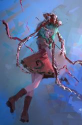 Rule 34 | 1girl, abstract background, absurdres, backlighting, blue background, boots, bow, brown footwear, dress, dutch angle, frilled bow, frilled ribbon, frills, from behind, from side, full body, green hair, hair bow, highres, kagiyama hina, leg up, long hair, long ribbon, looking at viewer, looking back, no lineart, puffy short sleeves, puffy sleeves, red bow, red dress, red ribbon, reddizen, ribbon, short sleeves, solo, touhou