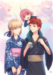 Rule 34 | 1girl, 2boys, ahoge, alternate costume, artoria pendragon (all), artoria pendragon (fate), blonde hair, blush, carrying, emiya shirou, family, fate/stay night, fate (series), fateline alpha, green eyes, grin, highres, if they mated, japanese clothes, kimono, multiple boys, open mouth, petals, raglan sleeves, red hair, saber (fate), short hair, shoulder carry, smile, yukata