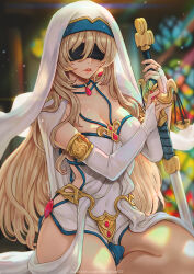 Rule 34 | 1girl, artist name, black blindfold, blindfold, blonde hair, blurry, blurry background, breasts, bridal gauntlets, cleavage, collarbone, covered navel, gem, goblin slayer!, highres, holding, holding sword, holding weapon, jewelry, large breasts, long hair, magion02, parted lips, seiza, shiny skin, sitting, solo, sword, sword maiden, teeth, veil, watermark, weapon, web address