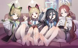 Rule 34 | 4girls, absurdres, animal ear headphones, animal ears, aris (blue archive), bare legs, barefoot, blue archive, blue necktie, blush, controller, couch, double v, fake animal ears, feet, game controller, game development department (blue archive), halo, headphones, highres, holding, holding controller, holding game controller, knees up, looking at viewer, midori (blue archive), momoi (blue archive), multiple girls, necktie, on couch, school uniform, siblings, sisters, sitting, soles, toes, v, xiamu chiyu, yuzu (blue archive)