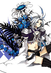 Rule 34 | 00s, 1boy, androgynous, blue eyes, dissidia final fantasy, feathers, final fantasy, final fantasy ix, flower, kuja, male focus, midriff, navel, silver hair, solo, starshadowmagician, thighhighs