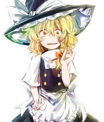 Rule 34 | 1girl, apron, blonde hair, blush, braid, bruise, bruise on face, commentary, d:, hat, highres, injury, kirisame marisa, looking at viewer, narrowed eyes, open mouth, scared, short hair, single braid, skirt, skirt set, solo, sweat, tigern, touhou, turtleneck, vest, waist apron, wavy hair, wide-eyed, witch hat, yellow eyes