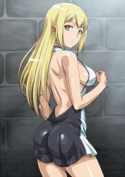 Rule 34 | 10s, 1girl, :/, aiz wallenstein, arm at side, ass, back, backless dress, backless outfit, bare arms, bare back, bare legs, bare shoulders, black dress, blonde hair, breasts, brick, clenched hand, cowboy shot, dress, dungeon ni deai wo motomeru no wa machigatteiru darou ka, expressionless, female focus, hand up, large breasts, legs, long hair, looking at viewer, looking back, matching hair/eyes, monteriakitto, multicolored clothes, multicolored dress, pleated dress, shiny clothes, shiny skin, short dress, sideboob, solo, standing, sword oratoria, white dress, yellow eyes