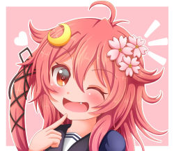 Rule 34 | 10s, 1girl, ;d, ahoge, bad id, bad pixiv id, crescent, crescent hair ornament, fang, hair ornament, kantai collection, long hair, one eye closed, open mouth, pink hair, red eyes, school uniform, serafuku, sills, smile, solo, uzuki (kancolle)