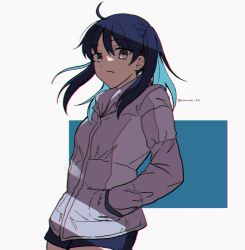 Rule 34 | 1girl, ahoge, blue background, blue hair, blue shorts, brown eyes, character request, chromatic aberration, closed mouth, colored inner hair, cowboy shot, floating hair, frown, grey jacket, hair between eyes, hand in pocket, highres, jacket, long hair, multicolored hair, nanase hr, saiki mio, short shorts, shorts, solo, tsukihime, twintails, twitter username, two-tone background, two-tone hair, white background