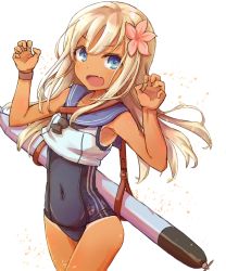 Rule 34 | 10s, 1girl, bad id, bad pixiv id, blonde hair, blue eyes, breasts, clothes writing, ecchim, fang, flower, hair flower, hair ornament, highres, kantai collection, one-piece swimsuit, one-piece tan, open mouth, ro-500 (kancolle), school swimsuit, school uniform, serafuku, simple background, small breasts, smile, solo, swimsuit, swimsuit under clothes, tan, tanline, torpedo, white background, wristband
