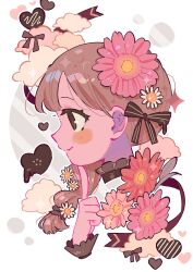 Rule 34 | 1girl, absurdres, blunt bangs, blush stickers, braid, brown choker, brown eyes, brown hair, brown ribbon, candy, chocolate, chocolate heart, choker, closed mouth, cloud, cloud background, daisy, double horizontal stripe, finger to own chin, flower, food, frilled choker, frills, from side, gerbera, hair flower, hair ornament, hair ribbon, hand up, heart, heart background, highres, index finger raised, looking afar, nape, original, pink flower, polka dot, polka dot background, profile, red flower, ribbon, side braid, simple background, single braid, smile, solo, sparkle, striped background, valentine, white background, white flower, yooki (winter cakes)
