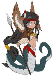 Rule 34 | 1girl, ano5102, black hair, blue eyes, braid, facial mark, female focus, flat chest, full body, head wings, highres, lamia, long hair, low-tied long hair, midriff, monster girl, native american, navel, original, polearm, shawl, simple background, slit pupils, solo, spear, tribal, weapon, white background, wings