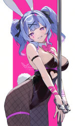 Rule 34 | 1girl, animal ears, black leotard, blue eyes, blue hair, blush, breasts, cuffs, detached collar, fake animal ears, fake tail, grin, handcuffs, hatsune miku, heart, heart-shaped pupils, highleg, highleg leotard, highres, large breasts, leotard, looking at viewer, medium hair, pantyhose, playboy bunny, pole, rabbit ears, rabbit hole (vocaloid), rabbit tail, smile, solo, stripper pole, symbol-shaped pupils, tail, thighs, twintails, vivi (eve no hakoniwa), vocaloid