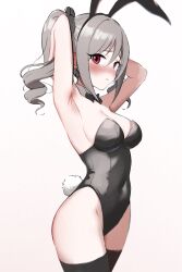 Rule 34 | 1girl, animal ears, armpits, arms up, black bow, black bowtie, black leotard, black thighhighs, bow, bowtie, breasts, cleavage, covered navel, detached collar, earrings, fake animal ears, grey hair, groin, highres, idolmaster, idolmaster cinderella girls, jewelry, kanzaki ranko, kono (116), leotard, looking at viewer, medium breasts, playboy bunny, rabbit ears, rabbit tail, red eyes, simple background, solo, tail, thighhighs, twintails, wavy hair, white background