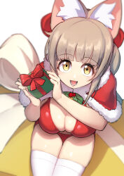 Rule 34 | 1girl, :d, absurdres, animal ear fluff, animal ears, arukiru, bikini, bow, breasts, brown hair, cape, cat ears, cat girl, christmas, cleavage, from above, fur cape, gift, hair bow, highres, holding, holding gift, large breasts, long hair, looking at viewer, open mouth, original, red bikini, red bow, red cape, santa costume, shadow, simple background, sitting, smile, swimsuit, thighhighs, white background, white thighhighs, yellow eyes