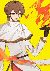 Rule 34 | 1boy, absurdres, belt, black gloves, brown belt, brown eyes, brown hair, capelet, chinese commentary, commentary request, cowboy shot, fire, gloves, gold trim, hair between eyes, hand up, highres, jabuchi you, long sleeves, male focus, open mouth, pants, pyrokinesis, red pants, saibou shinkyoku, shirt, short hair, solo, v-shaped eyebrows, wang (xinjinjumin2843352), white capelet, white shirt, yellow background