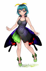 Rule 34 | 1girl, adapted costume, antennae, aoshima, aqua hair, bare arms, bare legs, breasts, brown eyes, cleavage, closed mouth, commentary request, covered navel, cross-eyed, dress, eternity larva, full body, green footwear, highres, looking at viewer, medium breasts, multicolored clothes, multicolored dress, no wings, shoes, short hair, simple background, smile, solo, standing, standing on one leg, touhou, white background