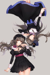 Rule 34 | 2girls, bemani, black dress, blue bow, blunt bangs, bow, breasts, brown hair, choker, cleavage, closed eyes, crescent, dagger, diamond (shape), dress, flower, frills, grey background, hairband, hat, holding, holding knife, jewelry, juliet sleeves, knife, long hair, long sleeves, looking at viewer, maru (sw1tch), mini hat, mini top hat, multiple girls, orange eyes, original, ornate ring, pleated dress, puffy sleeves, ring, rose, rotational symmetry, short dress, simple background, symmetry, thigh gap, top hat, upside-down, weapon, wedding ring