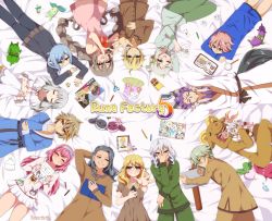 Rule 34 | 6+boys, 6+girls, absurdres, alice (rune factory), animal hood, ares (rune factory), beatrice (rune factory), black pajamas, bleepufflan, blonde hair, blue eyes, blue hair, blush, brown pajamas, cecil (rune factory), character doll, closed eyes, closed mouth, colored pencil, darroch (rune factory), eggplant, elsje (rune factory), envelope, everyone, fuuka (rune factory), gideon (rune factory), green eyes, green hair, green pajamas, green pepper, grey hair, hand over face, heart, heart hands, heinz (rune factory), highres, hina (rune factory), hood, jigsaw puzzle, julian (rune factory), livia (rune factory), long hair, lucas (rune factory), lucy (rune factory), ludmila, lying, magnifying glass, martin (rune factory), misasagi (rune factory), mokomoko (rune factory), multiple boys, multiple girls, murakumo (rune factory), nightgown, no headwear, notebook, on back, on stomach, oswald (rune factory), pajamas, palmo (rune factory), pencil, pink hair, pointy ears, priscilla (rune factory), purple eyes, purple hair, puzzle, radea (rune factory), randolph (rune factory), red hair, reinhard (rune factory), rune factory, rune factory 5, ryker (rune factory), scarlett (rune factory), scissors, short hair, simone (rune factory), sleepover, smile, terry (rune factory), title, toy hammer, turnip, white hair, yuki (rune factory)