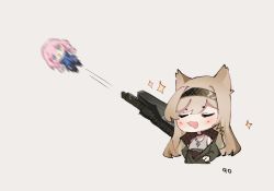 Rule 34 | 2girls, animal ears, arknights, blonde hair, blue hair, blue poison (arknights), blush, brown hairband, brown jacket, chibi, commentary, english commentary, firing, grey shirt, gun, hairband, horn (arknights), jacket, jewelry, long hair, motion blur, motion lines, multiple girls, necklace, open clothes, open jacket, pink hair, ruri (dailybloopy), shirt, simple background, sparkle, weapon, white background, wolf ears
