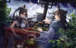 Rule 34 | 1boy, 1girl, absurdres, alcohol, architecture, black hair, black thighhighs, breasts, building, cao cao, cao cao (fetc), cat, chinese clothes, cloud, cloudy sky, crossed legs, east asian architecture, eyebrows hidden by hair, fate/embrace the chaos, fate (series), hanfu, highres, indoors, lightning, liu bei, liu bei (fetc), long hair, looking at another, original, plum, pointing, ponytail, red eyes, sky, sleeveless, smile, storm, table, thighhighs, thunder, wine, yolanda