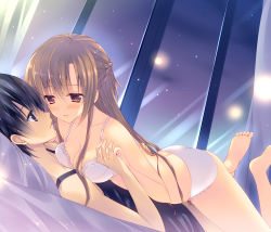 Rule 34 | 10s, 1boy, 1girl, ass, asuna (sao), bad id, bad pixiv id, barefoot, black hair, blush, bra, breast on chest, breast press, breasts, brown eyes, brown hair, couple, curtains, feet, girl on top, heart, hetero, holding hands, kirito, long legs, lying, mitsuki tsumi, on back, on person, panties, soles, sword art online, toes, underwear, underwear only, white bra, white panties, window