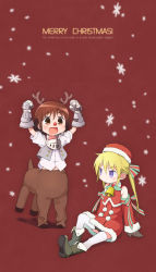 Rule 34 | 2girls, antlers, armor, bell, blonde hair, blue eyes, blush, boots, brown eyes, brown footwear, brown gloves, brown hair, centaur, christmas, closed mouth, detached sleeves, english text, gloves, hat, high heel boots, high heels, highres, horns, kill me baby, knee boots, long hair, looking at another, looking at viewer, merry christmas, multiple girls, navel, okayparium, open mouth, oribe yasuna, red hat, santa costume, santa hat, short hair, sitting, smile, snowflakes, sonya (kill me baby), taur, thighhighs, twintails, white legwear