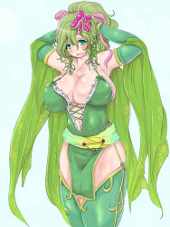 Rule 34 | 1990s (style), 1girl, arms up, blush, breasts, cleavage, covered erect nipples, elbow gloves, female focus, final fantasy, final fantasy iv, gloves, green eyes, green hair, hair ornament, hair ribbon, huge breasts, open mouth, ponytail, ponzu yuki, retro artstyle, ribbon, rydia (ff4), shiny skin, smile