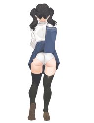 Rule 34 | 1girl, 2l (2lsize), ass, bad id, bad pixiv id, bag, black hair, black thighhighs, blouse, blue skirt, facing away, from behind, highres, loafers, long hair, long sleeves, original, panties, pleated skirt, school bag, school uniform, shirt, shoes, shoulder bag, simple background, skirt, solo, standing, thighhighs, thighs, twintails, underwear, upskirt, wardrobe malfunction, wedgie, white background, white panties, white shirt