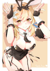 Rule 34 | 1girl, absurdres, animal ears, arms up, bare shoulders, black leotard, black necktie, blonde hair, border, bow, breasts, cleavage, detached collar, detached sleeves, fake animal ears, flower, garter straps, genshin impact, gloves, hair between eyes, hair flower, hair ornament, highres, large breasts, leotard, looking at viewer, lumine (genshin impact), medium hair, necktie, partially fingerless gloves, playboy bunny, puffy short sleeves, puffy sleeves, rabbit ears, rabbit pose, rabbit tail, short sleeves, smile, solo, strapless, tail, thighs, yellow background, yellow eyes, yuukauta