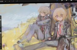 Rule 34 | 1boy, 1girl, black suit, blonde hair, don quixote (project moon), formal, limbus company, looking at viewer, necktie, on grass, pants, project moon, red necktie, short hair, sinclair (project moon), sitting, smile, suit, tree, under tree, usamisatori, yellow eyes