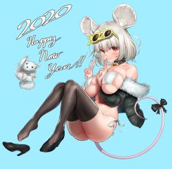 Rule 34 | 1girl, 2020, animal ears, ass, bell, between breasts, bikini, black bow, blue background, bow, breasts, chinese zodiac, collar, commentary request, eyewear on head, fur trim, happy new year, high heels, highres, jacket, large breasts, looking at viewer, mouse (animal), mouse ears, mouse girl, mouse tail, navel, neck bell, new year, off shoulder, original, red eyes, silver hair, smile, solo, string bikini, sunglasses, swimsuit, tail, tail bow, tail ornament, thighhighs, urrrt, v, white bikini, year of the rat