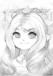 Rule 34 | 1girl, warrior of light (ff14), blush, closed mouth, commentary, commission, english commentary, final fantasy, final fantasy xiv, greyscale, hair ornament, highres, lalafell, long hair, looking at viewer, lutherniel, monochrome, pointy ears, signature, simple background, smile, solo, white background