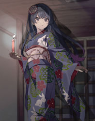 Rule 34 | 1girl, animal print, black eyes, black hair, black kimono, blurry, blurry background, candle, candlelight, commentary request, depth of field, feet out of frame, floral print, flower, hair flower, hair ornament, highres, holding, indoors, japanese clothes, kimono, long hair, long sleeves, looking at viewer, nijisanji, obi, parted lips, print kimono, rabbit print, sash, solo, tsukino mito, usirome, virtual youtuber, wide sleeves
