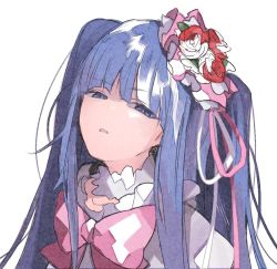 Rule 34 | 1girl, blue eyes, blue hair, blunt bangs, bow, bowtie, bright pupils, collar, commentary request, disgust, flower, frilled collar, frills, furudo erika, hair flower, hair ornament, hair ribbon, half-closed eyes, long hair, looking at viewer, mura konbane, parted lips, pink bow, pink bowtie, pink ribbon, puffy short sleeves, puffy sleeves, red flower, red rose, ribbon, rose, short sleeves, simple background, solo, umineko no naku koro ni, upper body, white background, white ribbon