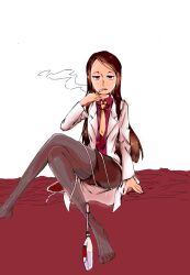 1girl barbara_folky bba_k brown_hair cigarette collared_shirt commentary_request crossed_legs grey_eyes half-closed_eyes intravenous_drip lab_coat layton_brothers:_mystery_room necktie pantyhose professor_layton shirt simple_background sitting skirt smoking solo