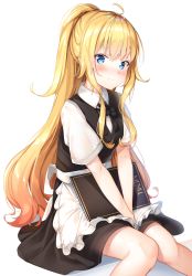 Rule 34 | 1girl, ahoge, apron, between legs, black skirt, black vest, blue eyes, blush, closed mouth, collared shirt, commentary request, frilled apron, frills, gabriel dropout, gabriel tenma white, hair between eyes, hand between legs, head tilt, high ponytail, highres, long hair, looking at viewer, menu, ponytail, shiero., shirt, short sleeves, sitting, skirt, solo, uniform, v-shaped eyebrows, very long hair, vest, waist apron, waitress, wavy mouth, white apron, white shirt