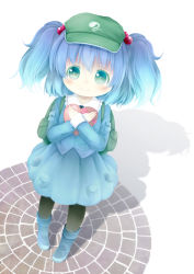 Rule 34 | 1girl, backpack, bag, black pantyhose, blue eyes, blue hair, blush, breasts, candy, chocolate, chocolate heart, female focus, food, hair bobbles, hair ornament, hat, heart, highres, kawashiro nitori, key, matching hair/eyes, pantyhose, pavement, shadow, skirt, smile, solo, tomo (skycolours), tomo takino, touhou, twintails, two side up, valentine