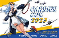 Rule 34 | 1girl, :d, aircraft, artist request, character name, detached sleeves, dress, english text, goggles, goggles on head, jewelry, mascot, medal, military rank insignia, necklace, official art, open mouth, original, personification, promotional art, real life, rudder footwear, sailor collar, smile, staff, thigh strap, toeless footwear, uss hornet (cv-12)